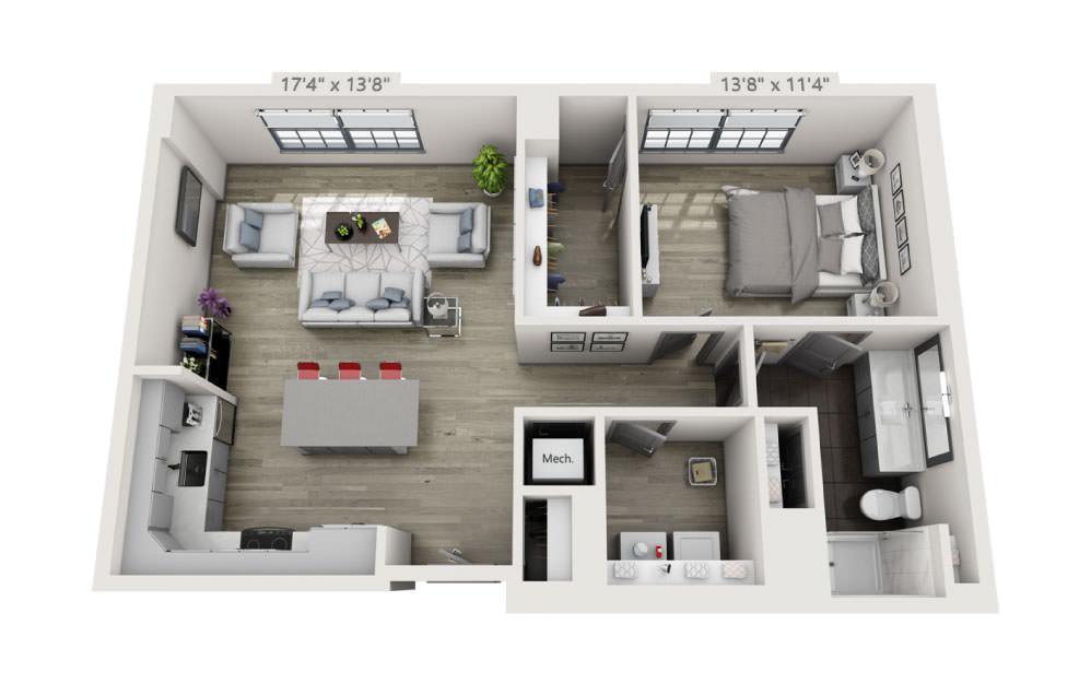 1K - 1 bedroom floorplan layout with 1 bath and 960 square feet.