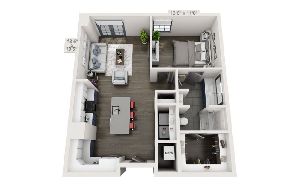 1T - 1 bedroom floorplan layout with 1 bath and 828 square feet.