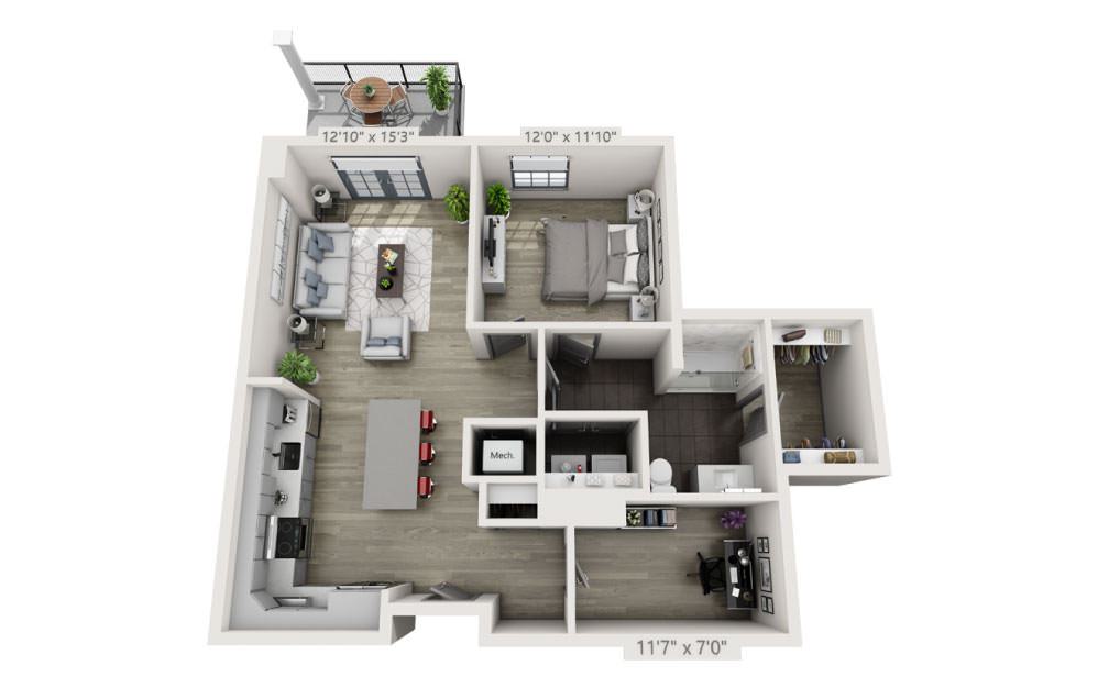 1U-A - 1 bedroom floorplan layout with 1 bath and 927 square feet.