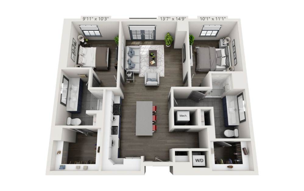 2M - 2 bedroom floorplan layout with 2 baths and 1094 square feet.