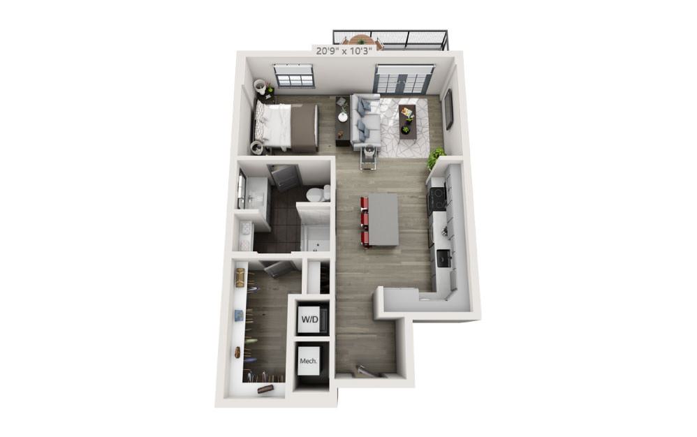 SI - Studio floorplan layout with 1 bath and 655 square feet.